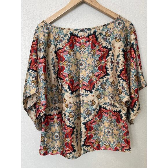 KAS New York for Anthropologie Size 12 Satin Floral Dolman Sleeve Boho Top - Picture 2 of 8